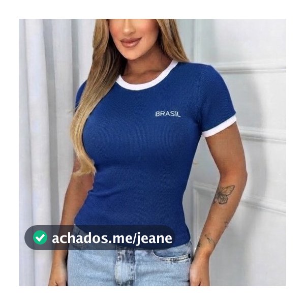 Blusa Feminina Canelada Estilo Brasil com Gola Redonda e Manga Curta Casual Elegante