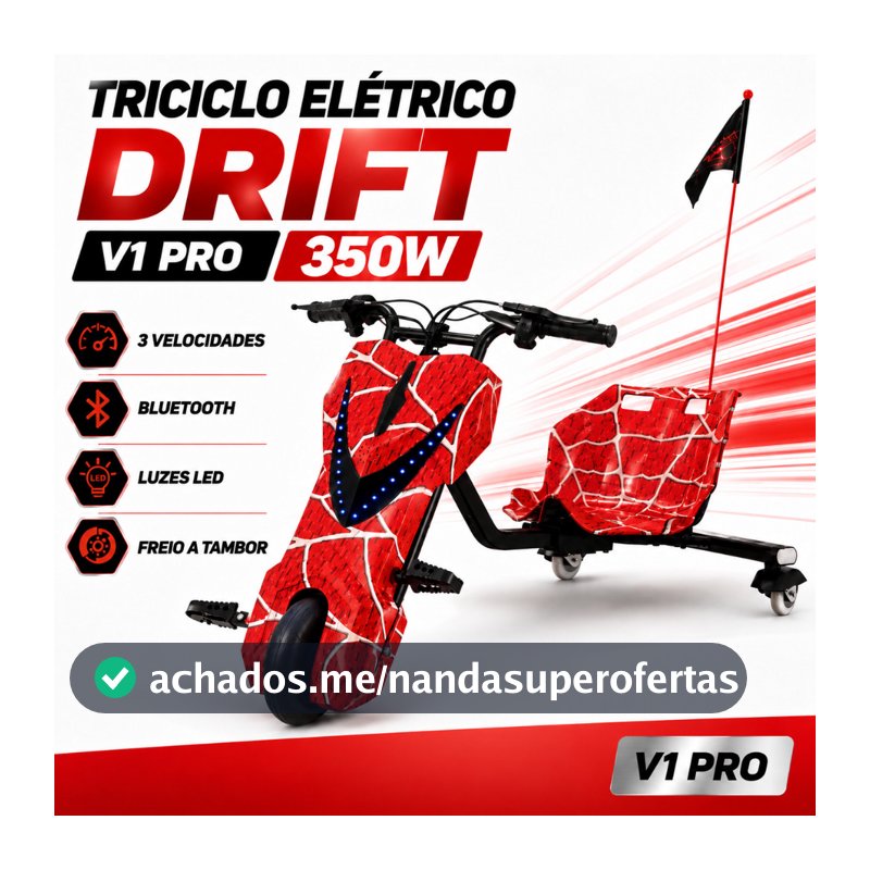 Triciclo Elétrico Drift V1 Pro 350W Brushless 3 Modos de Velocidade Pneu 8,5” Suporta até 80kg