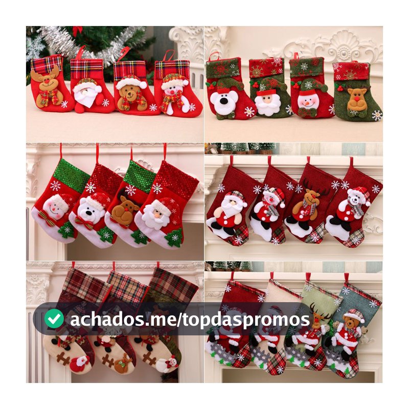 KIT 4 Meias de Natal Decorativas Premium em Tricô – 3 Tamanhos, Diversas Estampas para Lareira, Sala e Árvore de Natal.