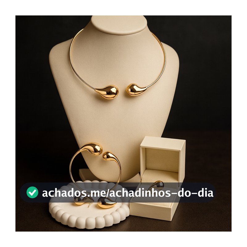 Conjunto Gota Pingo Colar Bracelete Anel Brinco Médio Dourado ou Prata Acessórios Femininos Brincos