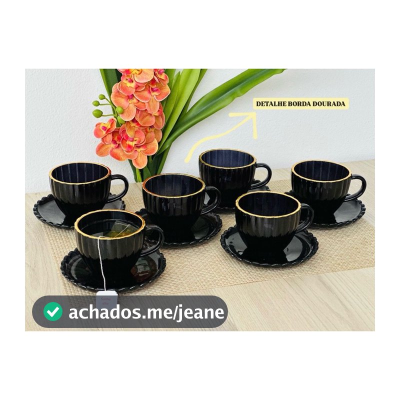 Conjunto Xícaras Preta Fio de Ouro Cha e Cafe 12 Peças Com Pires Vidro 100ml Decorada Borda dourada