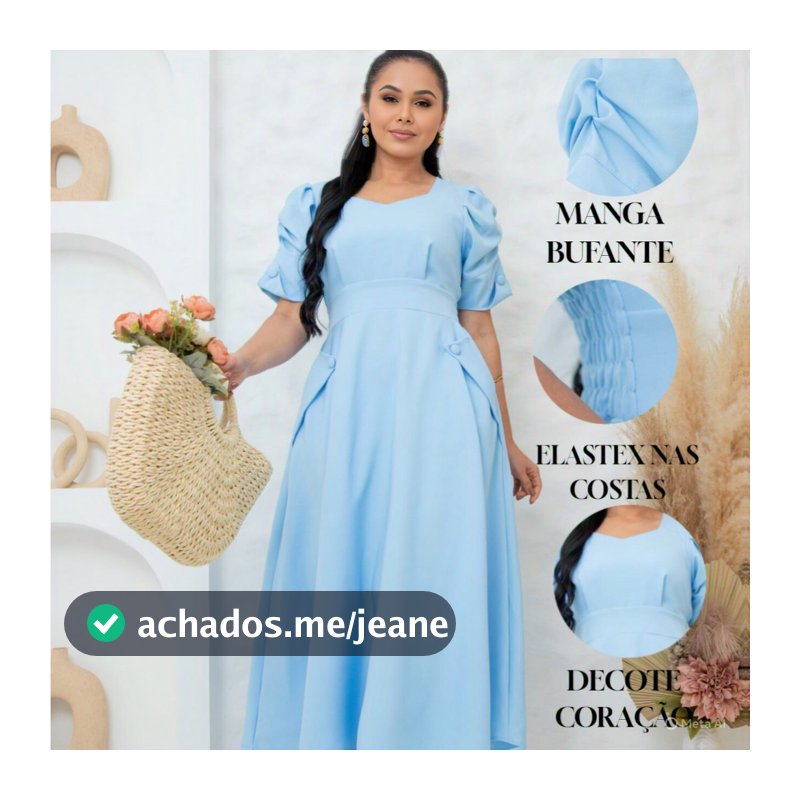 VESTIDO MAX MIDI FEMENINO EVANGELICA CON MANGA BUFANTE E DECOTE CORAÇAO