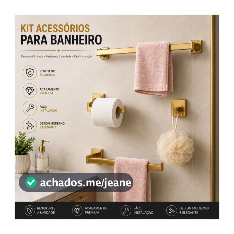 Kit 4 Banheiro Premium Inox Antiferrugem Preto/Dourado Brilhante 40/60cm