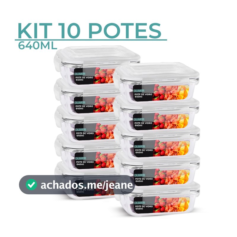 Kit 5/ kit 10 Potes de Vidro 640ml Hermético Marmita Fit com Tampa 4 Travas Oliver Home