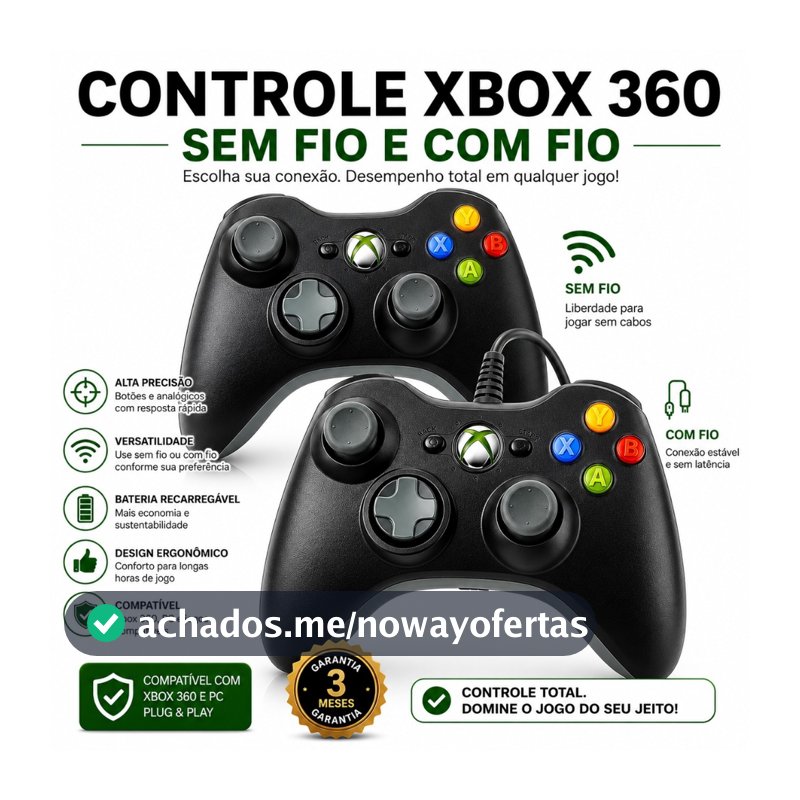 Controle Xbox 360 Sem Fio e Com Fio Preto Wireless Joystick Para Computador Ps3 e Android