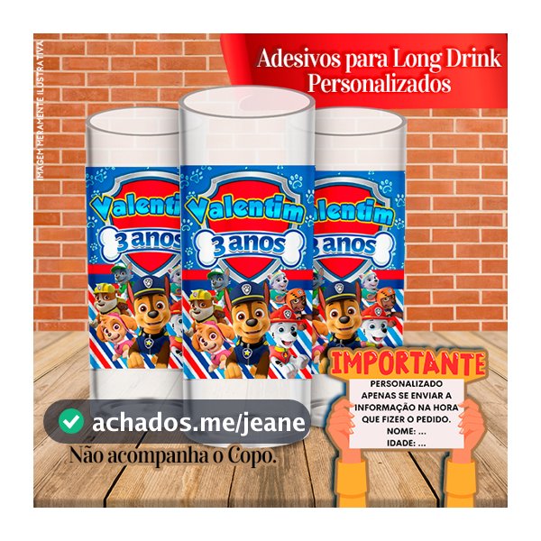 Adesivos Personalizados para Copo Long Drink Patrulha Canina