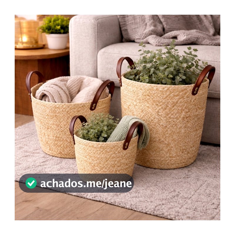 Cesto Organizador Fibra Natural com Alça 33x28cm Cor Moccá Decorativo Boho Multiuso