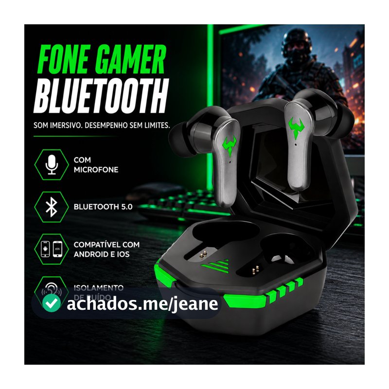 Fone de Ouvido Gamer Bluetooth 5.0 com Microfone Estojo de Carregamento Luz Led Redução de Ruído