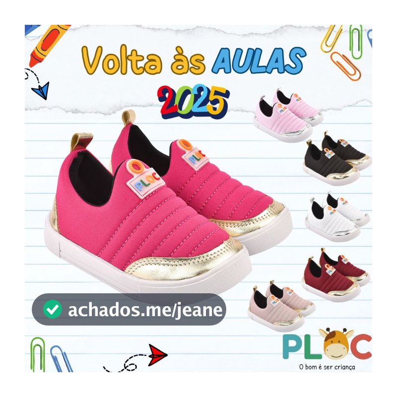 Tênis Ploc Street Calce Fácil Slip On Flat Anatômico Pink com Dourado infantil