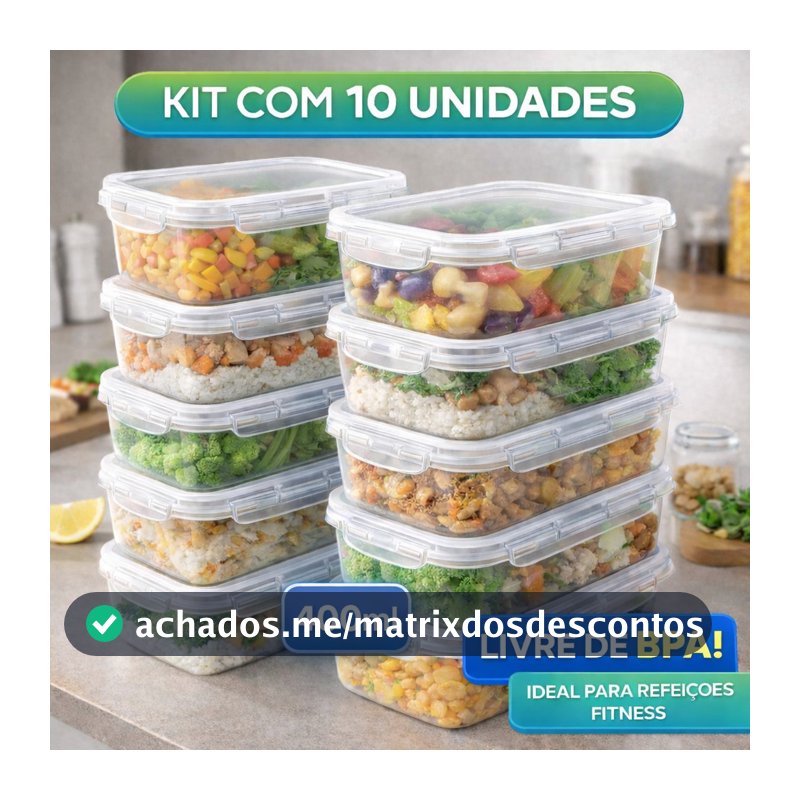 Kit 10 Potes Marmita Fit 400ML Retangular Com Tampa 4 Travas Jogo de Potes Livres de BPA