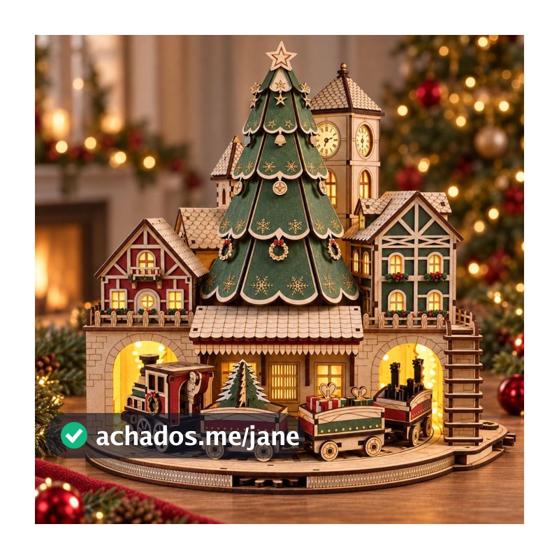 VILA DE NATAL COM ENGRENAGEM QUE RODA O TREM CENÁRIO VILA NATALINA COM PAPAI NOEL E ÁRVORE DE NATAL EM MDF 3mm 1ºLINHA