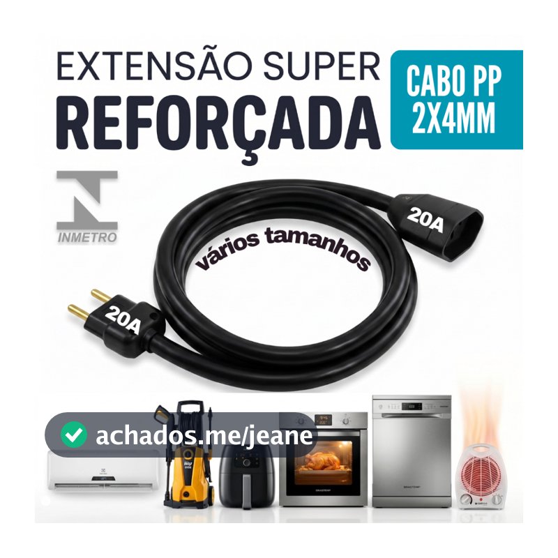 Extensão Grossa 20A Cabo PP 2X4mm - 1 a 10 Metros | Air Fryer, Aquecedor, Forno, Lava Louças, Microondas, Wap | Bivolt