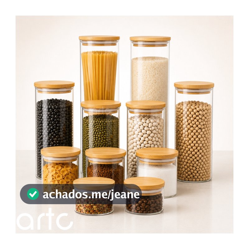 Kit Com 11 Potes Herméticos de Vidro Tampa de Bambu para Cozinha Mantimentos Alimentos