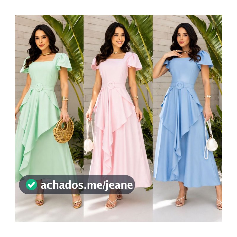 Vestido Midi Feminino Elegante com Babados, Manga Bufante e Cinto na Cintura