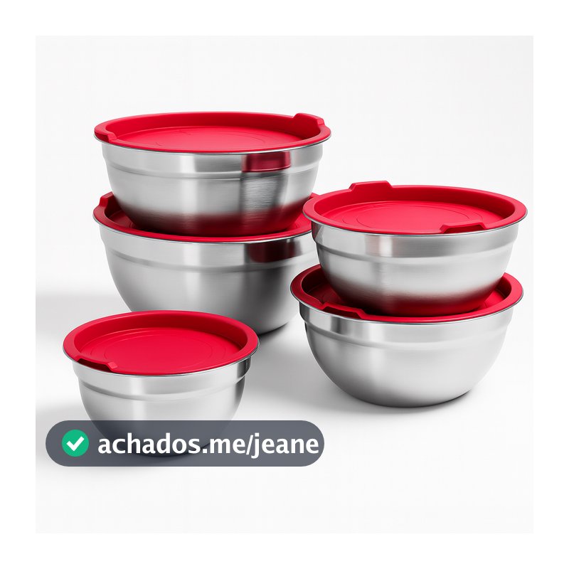 Kit Tigela 5 Bowl para Alimentos Tampa Vermelho Cozinha Louça Inox