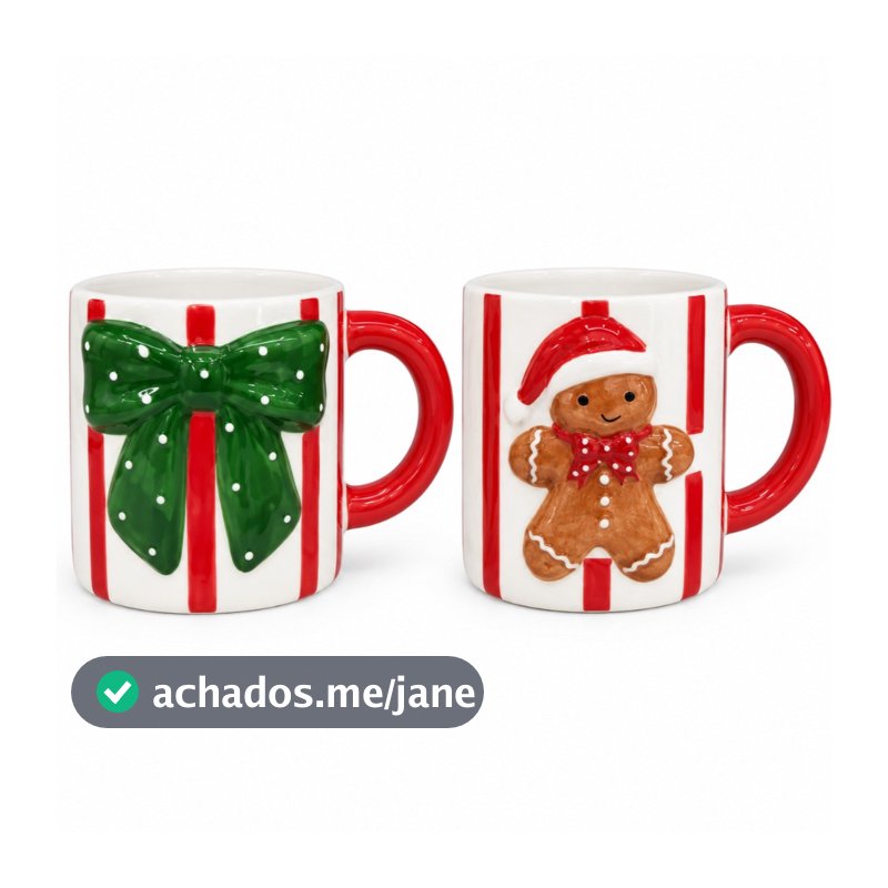Caneca Natalina Cerâmica 13cm Laço ou Biscoito Gingerbread Decoração Natal Xícara Café Chá Bebidas