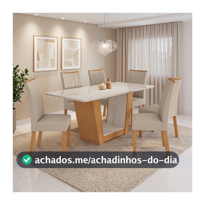 Mesa 1,70 Apogeu com Vidro e 6 cadeiras.Apogeu Veludo Naturale Creme Amêndoa Clean/Off White