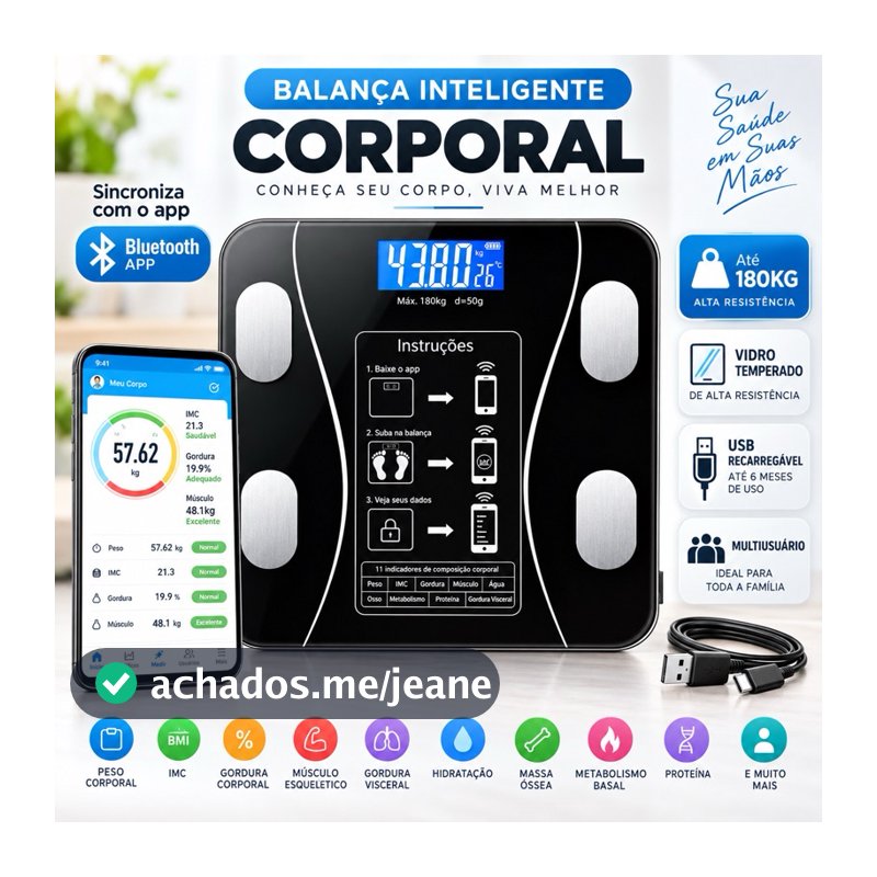 🔥USB Balança USB Digital Corporal Bioimpedância 180KG Display Lcd Bluetooth Aplicativo Fitness Treino Balança Banheiro