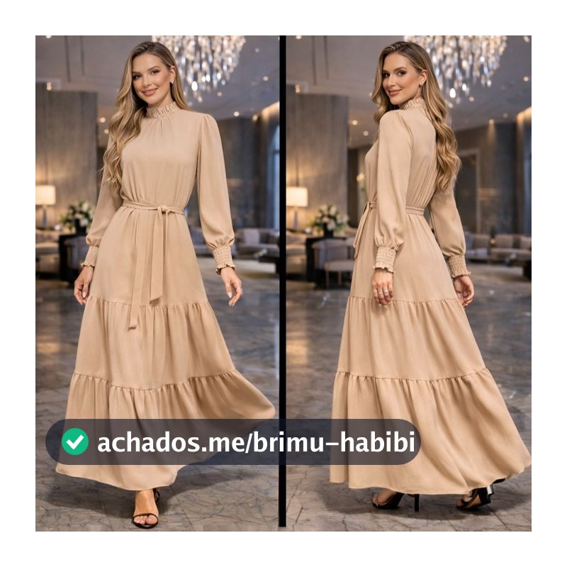 Vestido Feminino Manga Longa Gola Alta Tecido Duna Moda Evangélica e Cristã Para Igreja Culto