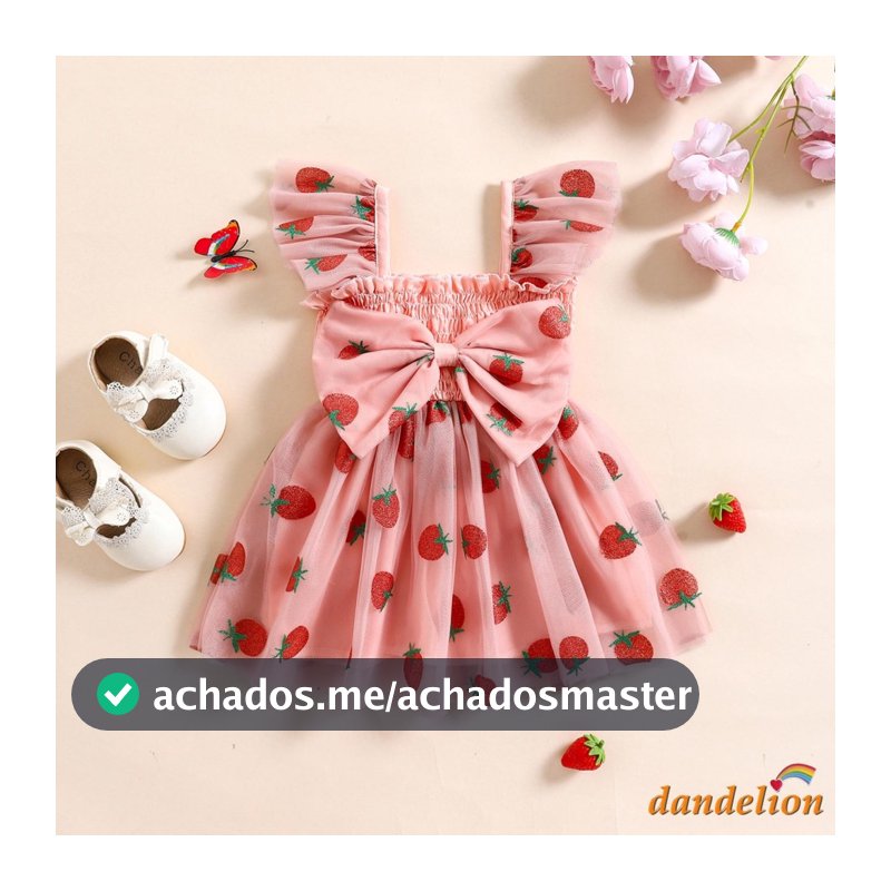 Vestido De Tule Princesa Com Estampa De Morango E Manga Plissada Para Infantils Bebês Meninas 6M 4 anos