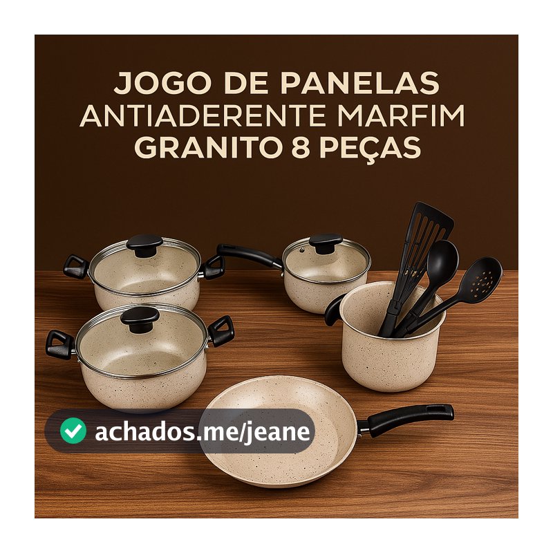 Kit Panelas Antiaderentes - (Jogo com 8 peças) - MARFIM & GRANITO  (5 camadas de Teflon Premium)