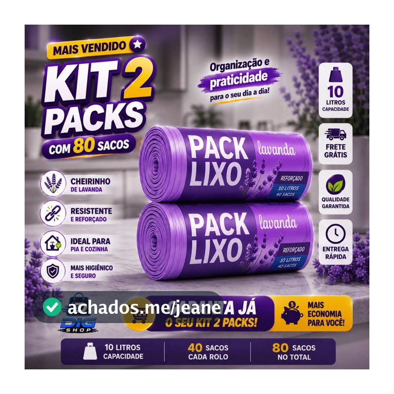 Kit 2 Rolos de Sacos de Lixo 10L 80 Sacos Perfumados Lavanda Pia Banheiro Neutraliza Odores