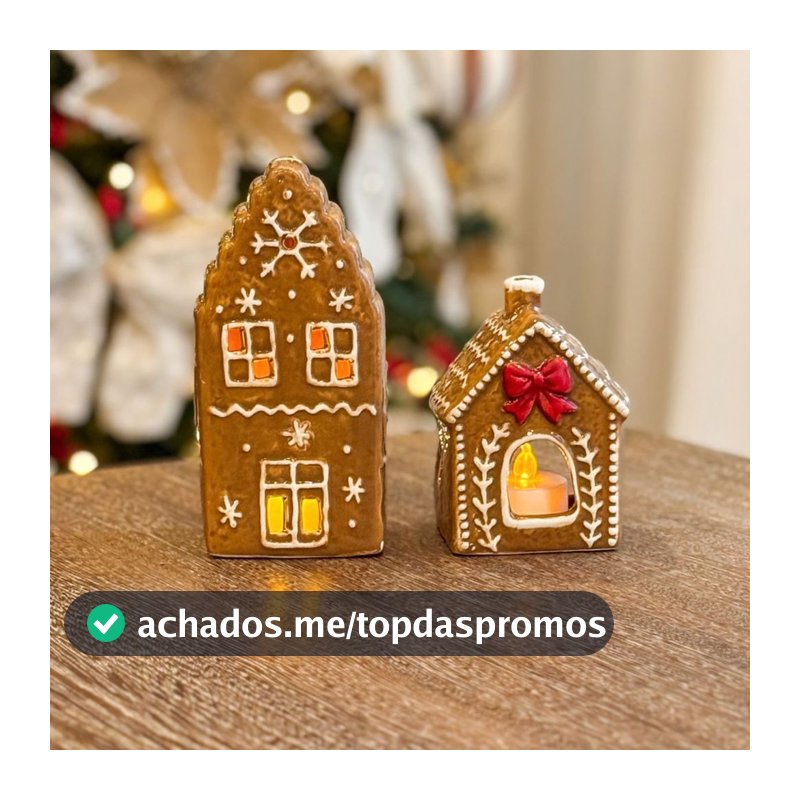 Kit 2 Porta Velas Casa de Biscoito Natalina em Cerâmica