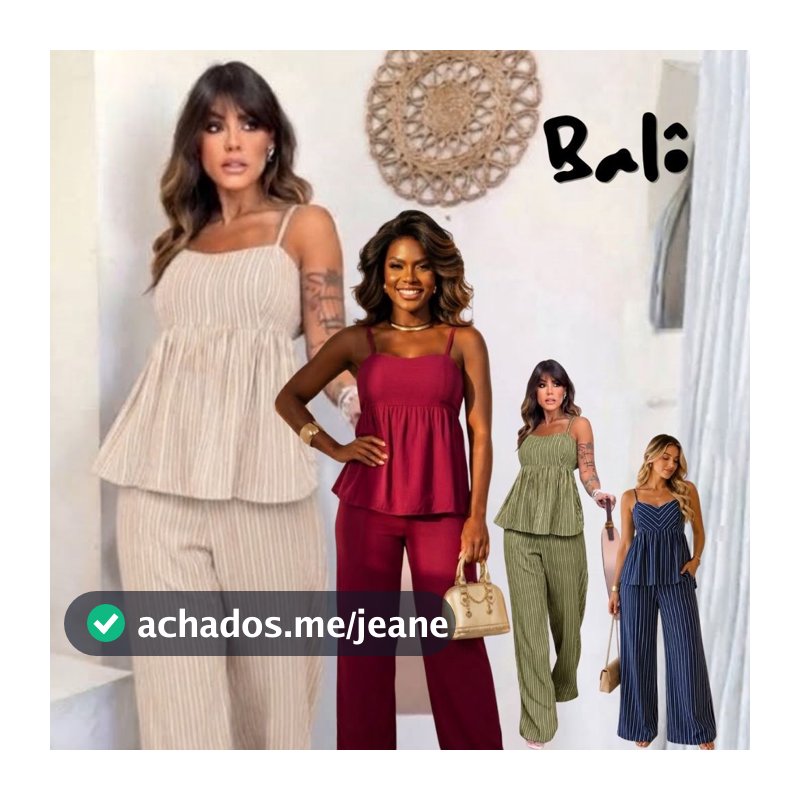 Conjunto Listrado de Calça Pantalona e Blusa Batinha Feminino Alças Verão Linho Marrante Alfaiataria