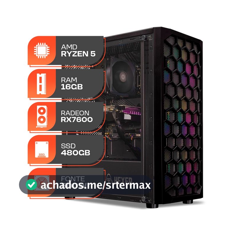 PC Gamer Spectrum, AMD Ryzen 5 5500, Radeon RX 7600 8GB, 16GB DDR4, SSD 480GB, Fonte 500W 80 PLus