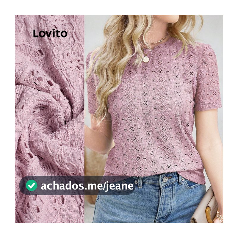 Lovito Renda Casual Blusa Primavera/Verão Blusa Rosa para Mulheres LBL32121