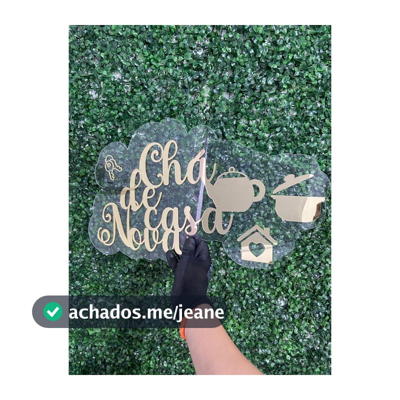 Placa Acrílico Transparente Chá de Casa Nova Personalizada Letras Douradas Bule Chave Panela 30cm Decoração Festa