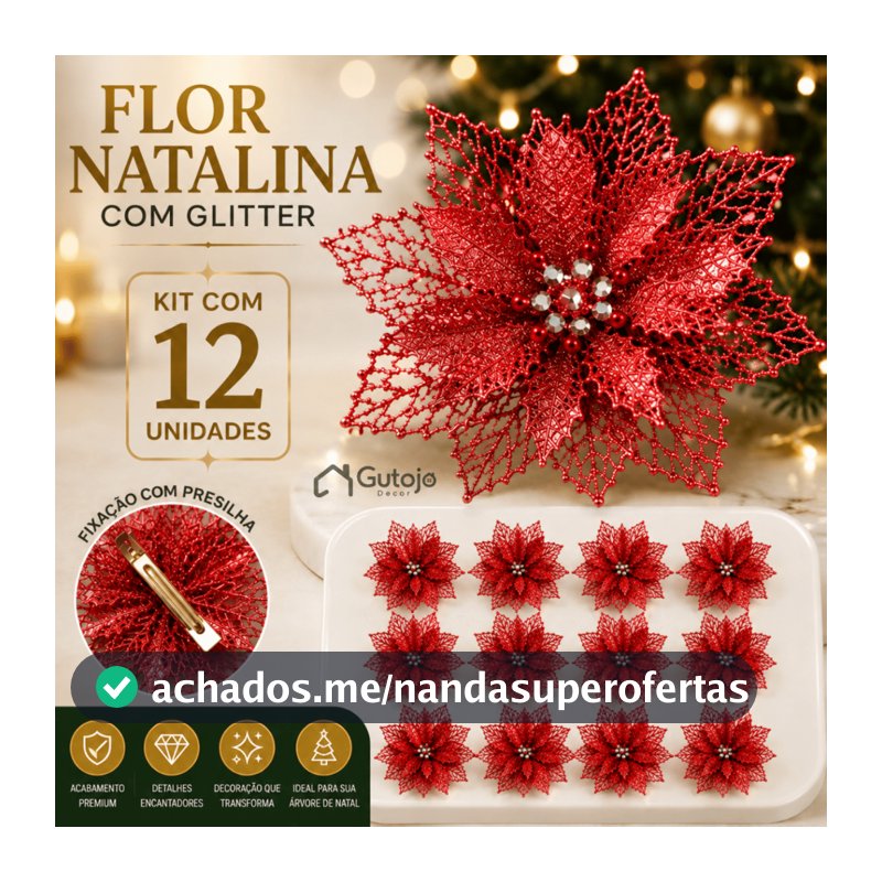Kit 12 Flores de Natal Artificial com Glitter Enfeite para Árvore Decoração Natalina