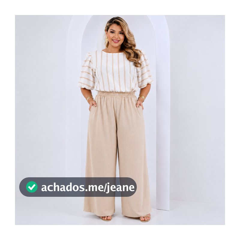 Conjunto Feminino Plus Size Calça Pantalona Cós de Elástico Blusa Semi Cropped com Mangas Elegante