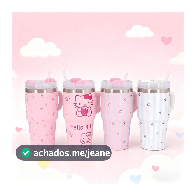 Copo Garrafa Térmico Inox Portátil 600ML 1200ML Com Canudo Alça Desenho flores Gatinho para Crianças