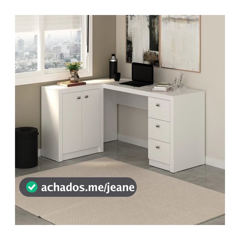 Escrivaninha Mesa Escritório em L com e Armários ME4100 3 Gavetas 136cm Branca Branco