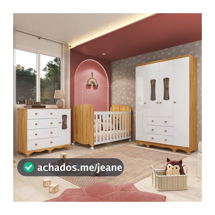 Quarto de Bebê Berço, Guarda Roupa e Cômoda com Janela 100% MDF Lana Espresso Móveis Branco/Amêndoa Branco