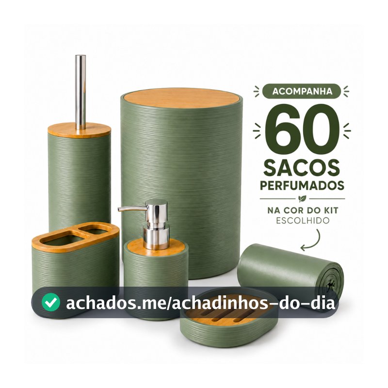 Kit Banheiro Lavabo 5 Peças Completo Lixeira Tampa Bambu Dispenser Porta Sabonete Saboneteira Escova
