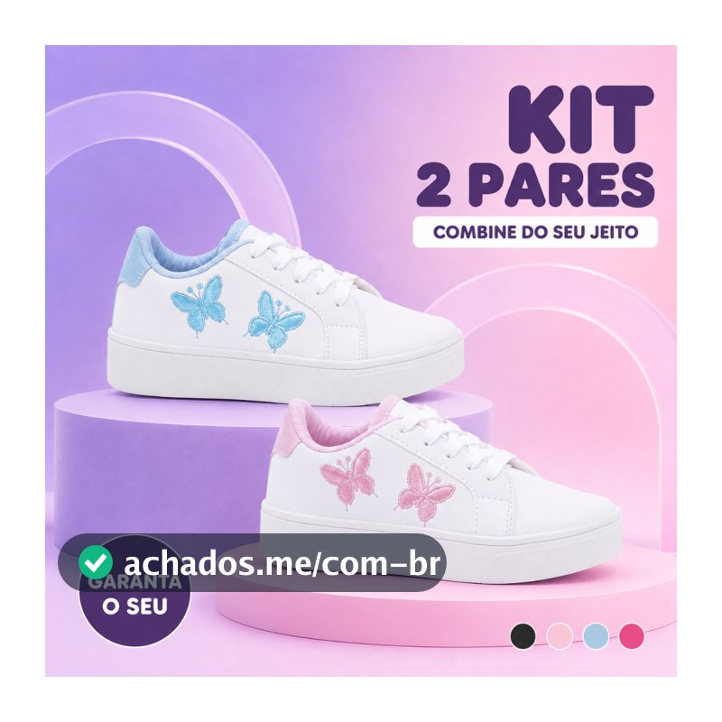 Kit 2 Pares Tênis Infantil Feminino Borboleta Bordada para Escola e Passeio Estilo Moderno