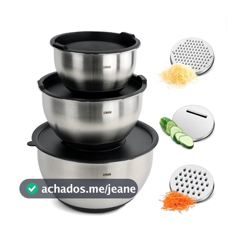 Lumai Kit 3 Bowls Tigelas de Cozinha Bacia Aço Inox com Tampa Utensilio com Ralador Base Silicone