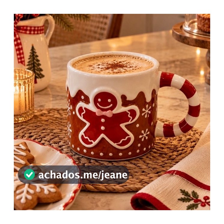 Caneca Natalina Gingerbread em Porcelana – 350 ml | Alça Bengala Doce