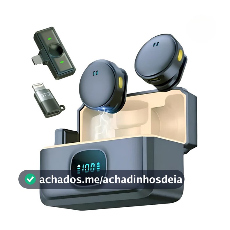 Microfone De Lapela Sem Fio Magnético Com Caixa e 2 Mics