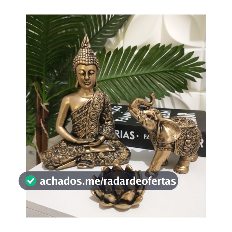 Enfeite Trio De Estatuetas Buda Meditando + Elefante Indiano + Castiçal Flor de Lotus 3 Peças Decoração Dourado Prata
