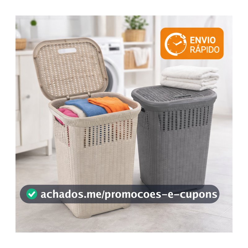 Cesto de Roupa Rattan 50L com Tampa Basculada Grande Lavanderia Premium
