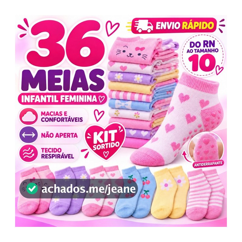 Kit Meia Infantil Menina Antiderrapante Bebê Algodão Criança Feminina Recém Nascido a 10 Anos