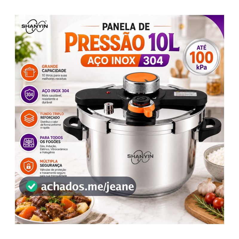 Panela de Pressão Inox 304 10L 100kPa com Cesto a Vapor, Trava Giratória, 3 Níveis, Indução e Gás