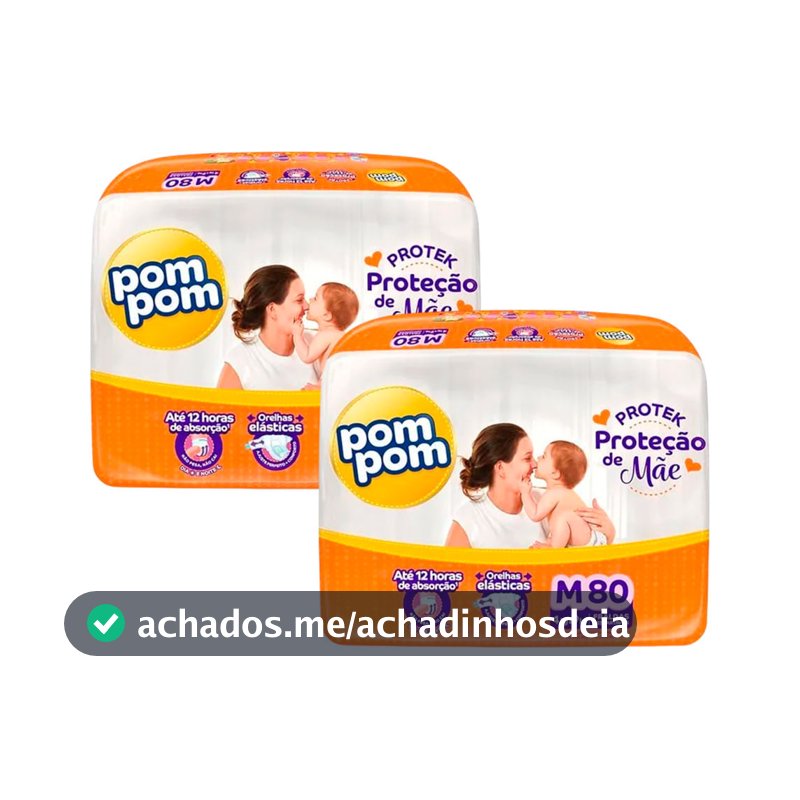 Kit 2 Fralda Descartável Pom Pom Protek Hiper M - 80 Unidades