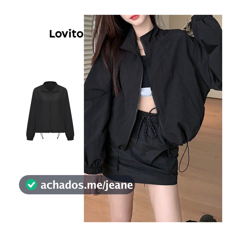 Lovito Casual Jaqueta Com Zíper E Bolso Corta-Vento Com Cordão/Jaqueta Impermeável Para Mulheres L100MD285