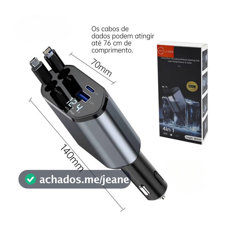 Carregador Veicular 4 em 1 Retrátil 120W c/ Display de Voltagem – USB + USB-C + Type-C + iPhone (12V/24V) 180°  anjgg