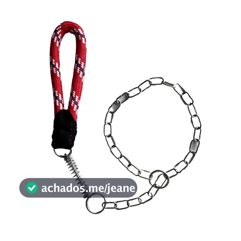 Guia E Enforcador Corrente 70cm Com Cabo Corda 16mm E Mola – P/ Adestramento Cães Médio Grande Porte