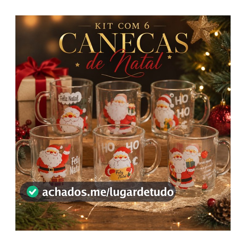 Kit 6 Canecas de Vidro Natalinas 250ml Estampadas Feliz Natal Presente de Natal Decoração Papai Noel